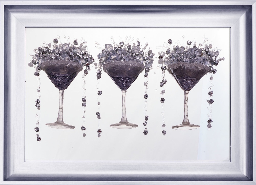 3D Martini 3 cup silver wall art on a Silver mirror backing In a silver chrome stepped Frame