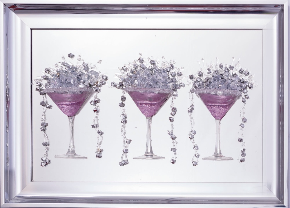 3D Martini Pink 3 Cup wall art on a Silver mirror backing Silver Chrome Frame