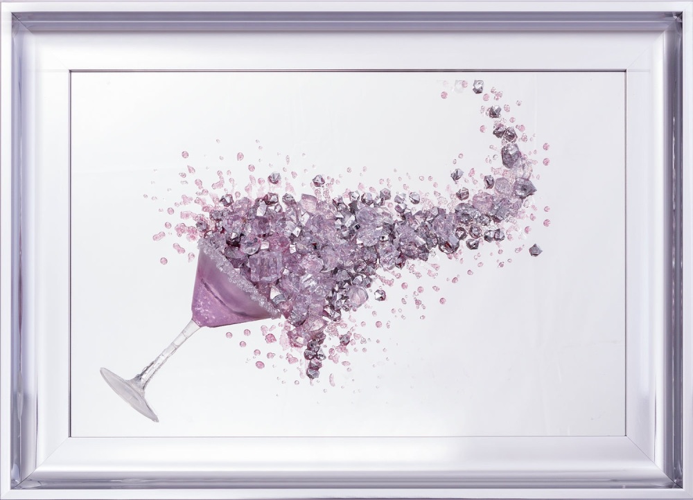 3D Martini Cup right splash Pink wall art on a Silver mirror in a silver chrome frame Size 70cm x 55cm