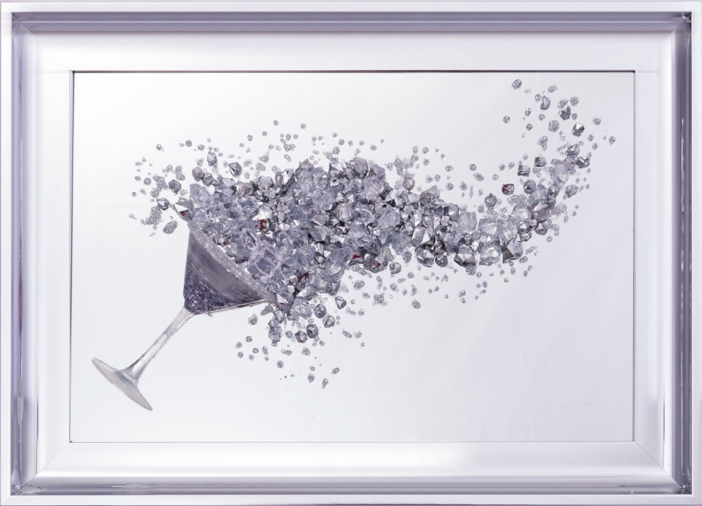 3D Martini Cup right splash Silver wall art on a Silver mirror in a silver chrome frame -