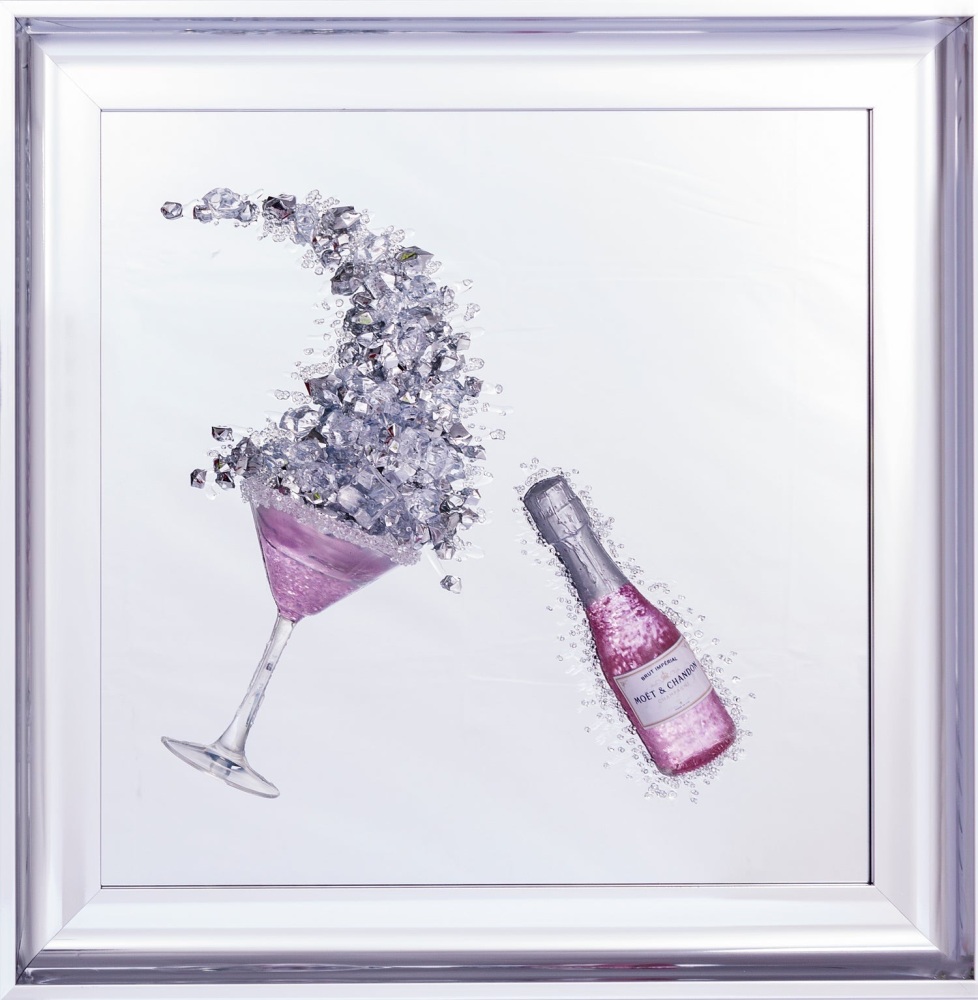 3D Champagne celebration Pink wall art on a Silver mirror in silver stepped frame