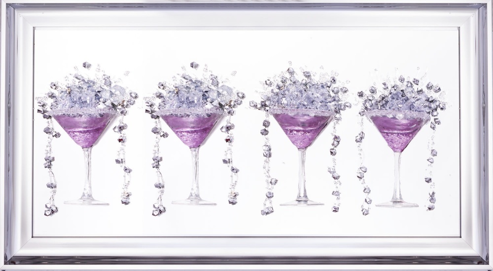 3D Martini pink 4 Cup wall art on a Silver mirror backing Silver Chrome stepped Frame