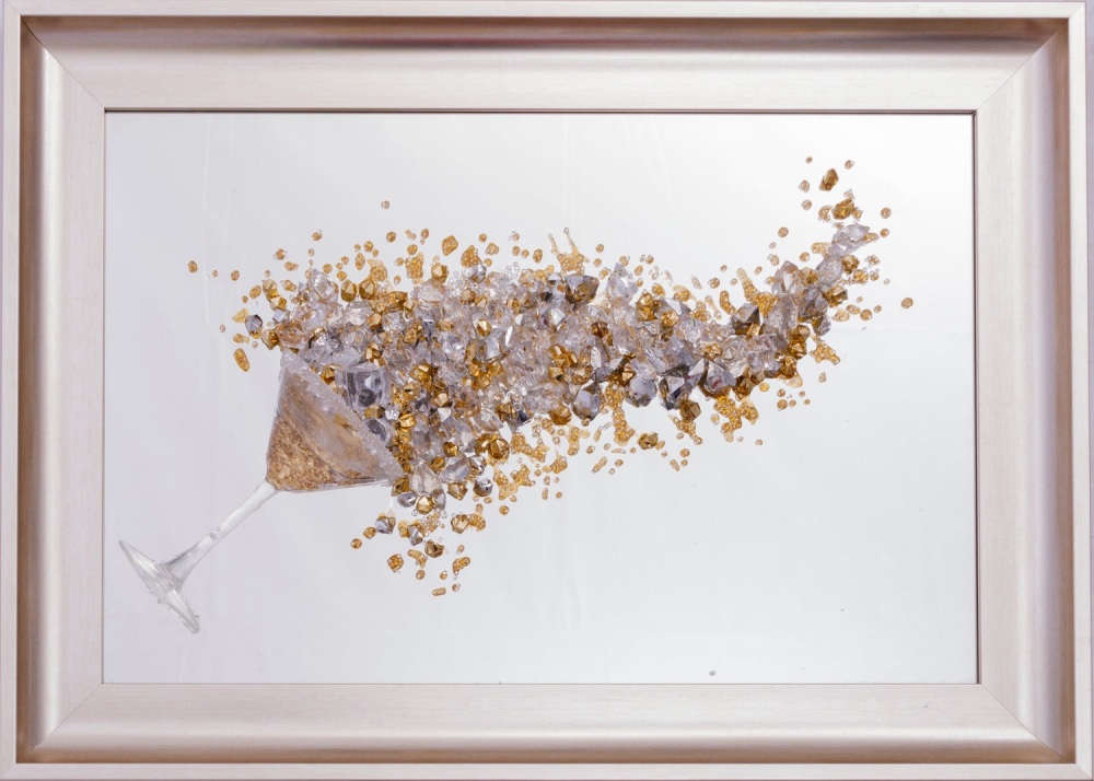 3D Martini Cup right splash Gold wall art on a Silver mirror in a Brush Gold frame Size 70cm x 55cm