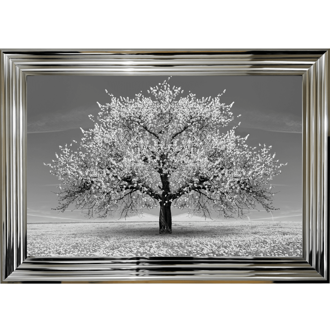 "Glitter Sparkle Cherry Tree White" in a silver Stepped Frame 75cm x  55cm