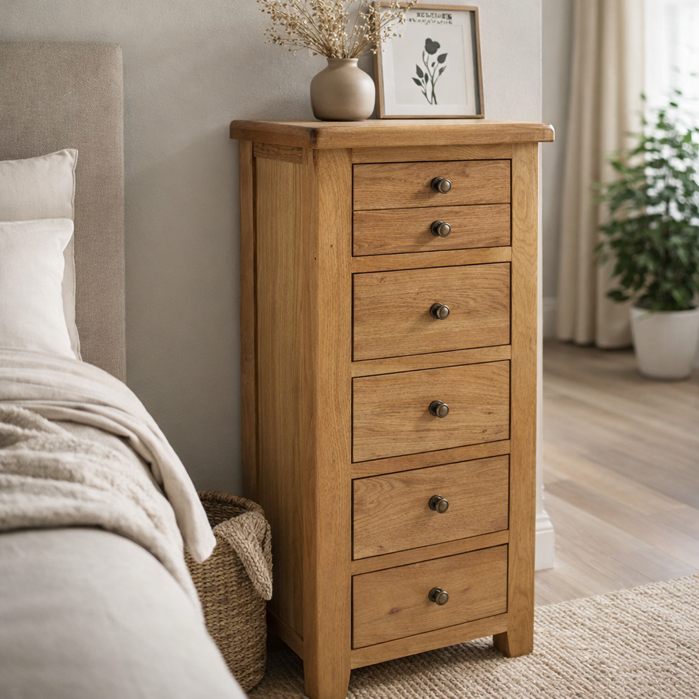 Oak Tall 5 Draw Chest 116cm high x 40cm deep 55cm wide