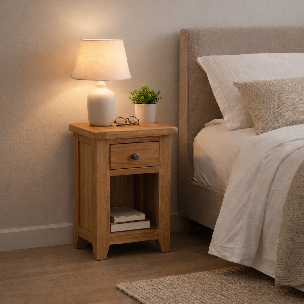 Oak 1 Draw Bedside chest or Lounge Table 44cm wide x 37cm x 63cm high