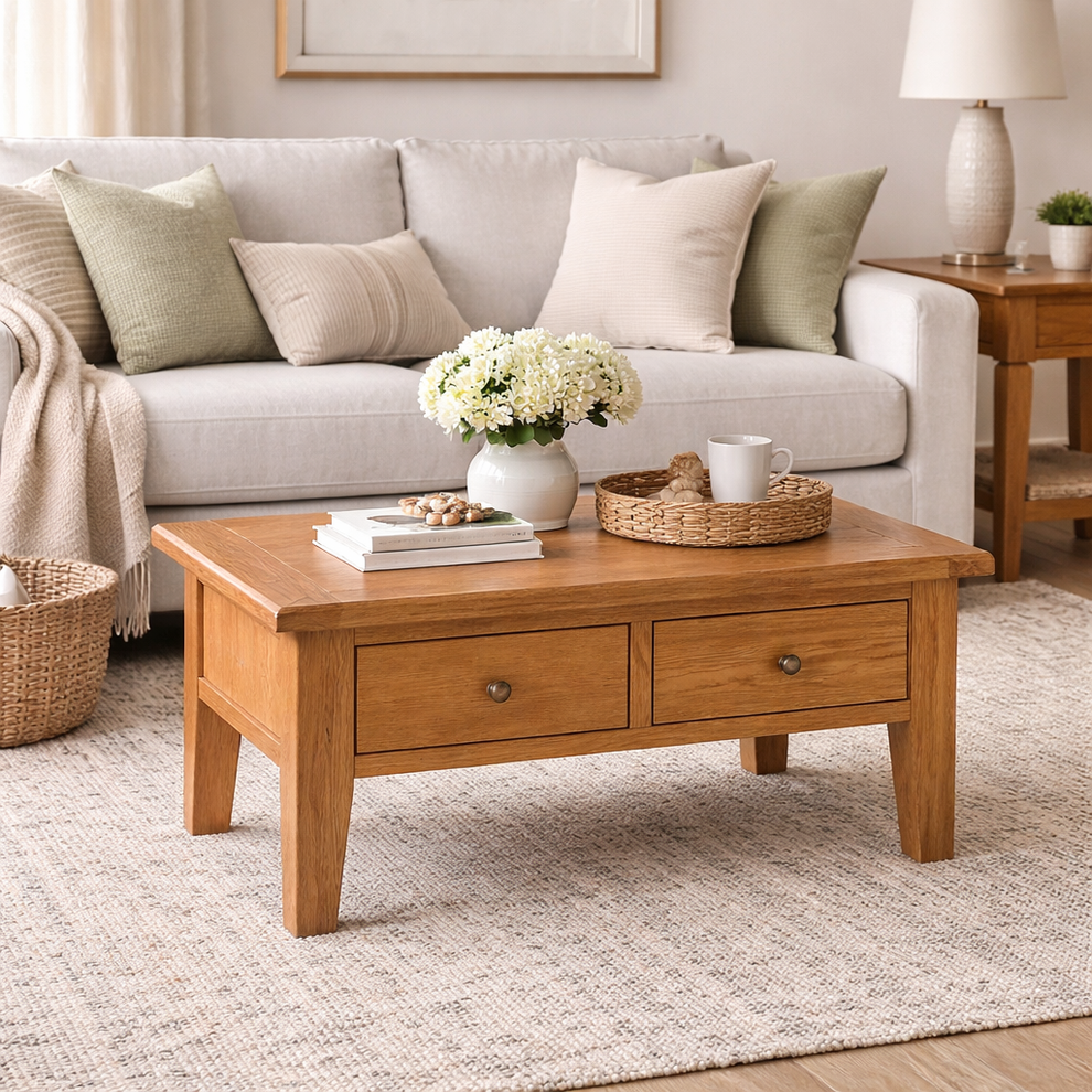 Oak 2 Draw Coffee Table 90cm wide