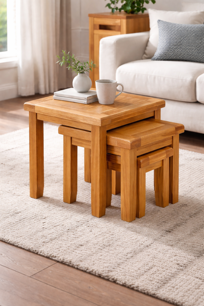 Oak nest of 3 Tables 54cm x 37cm 50cm
