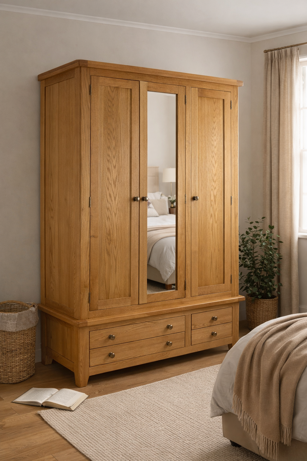 Oak 3 Door 2 Draw Wardrobe 146cm wide  x 56cm 190cm high