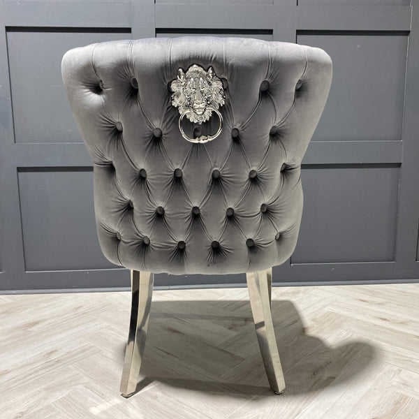 Valentino Lion Knocker Back Dining Chair Quilted Stitch seat and Buttoned Back Design in Grey with Chrome Leg