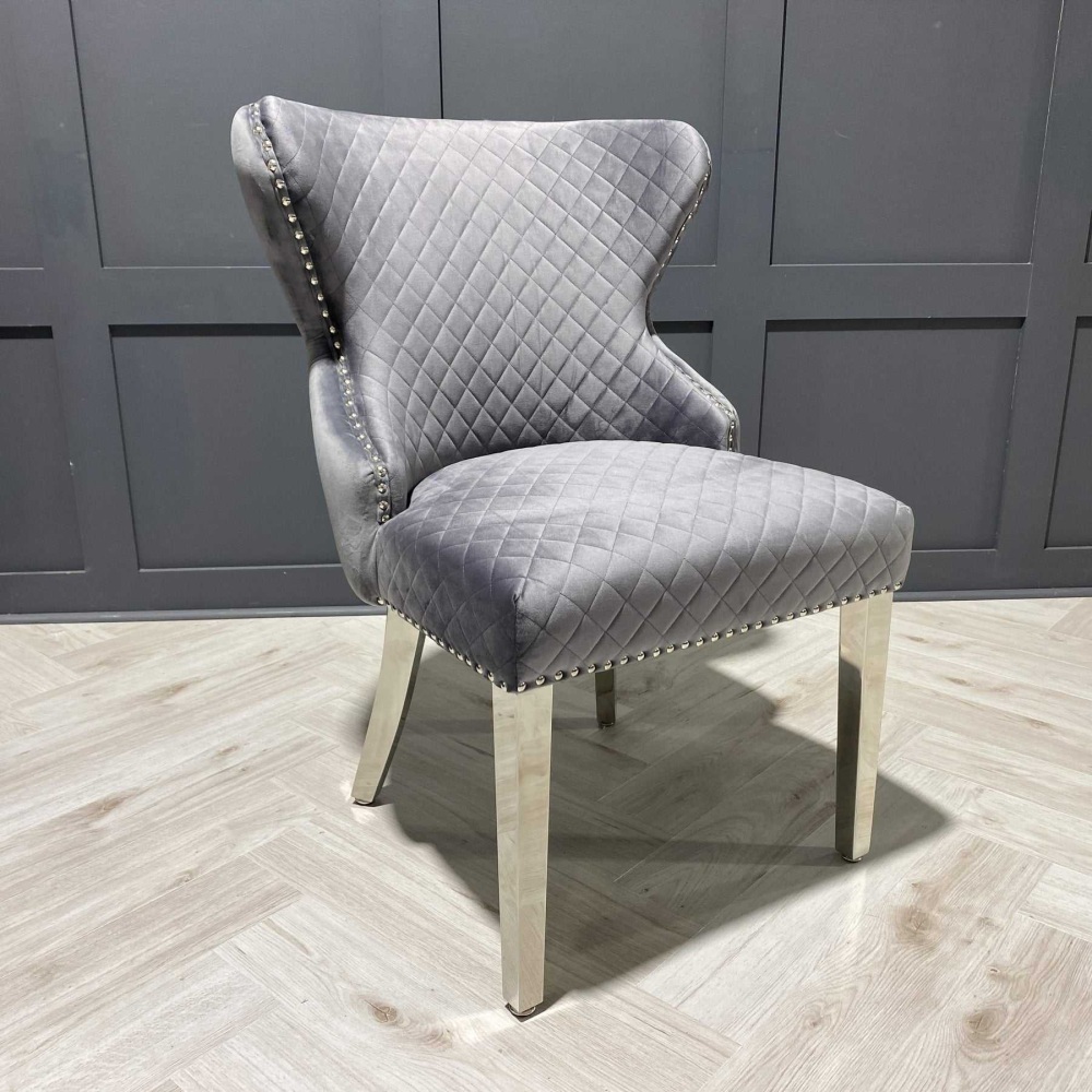 Valentino Lion Knocker Back Dining Chair Quilted Stitch seat and Buttoned Back Design in Grey with Chrome Leg