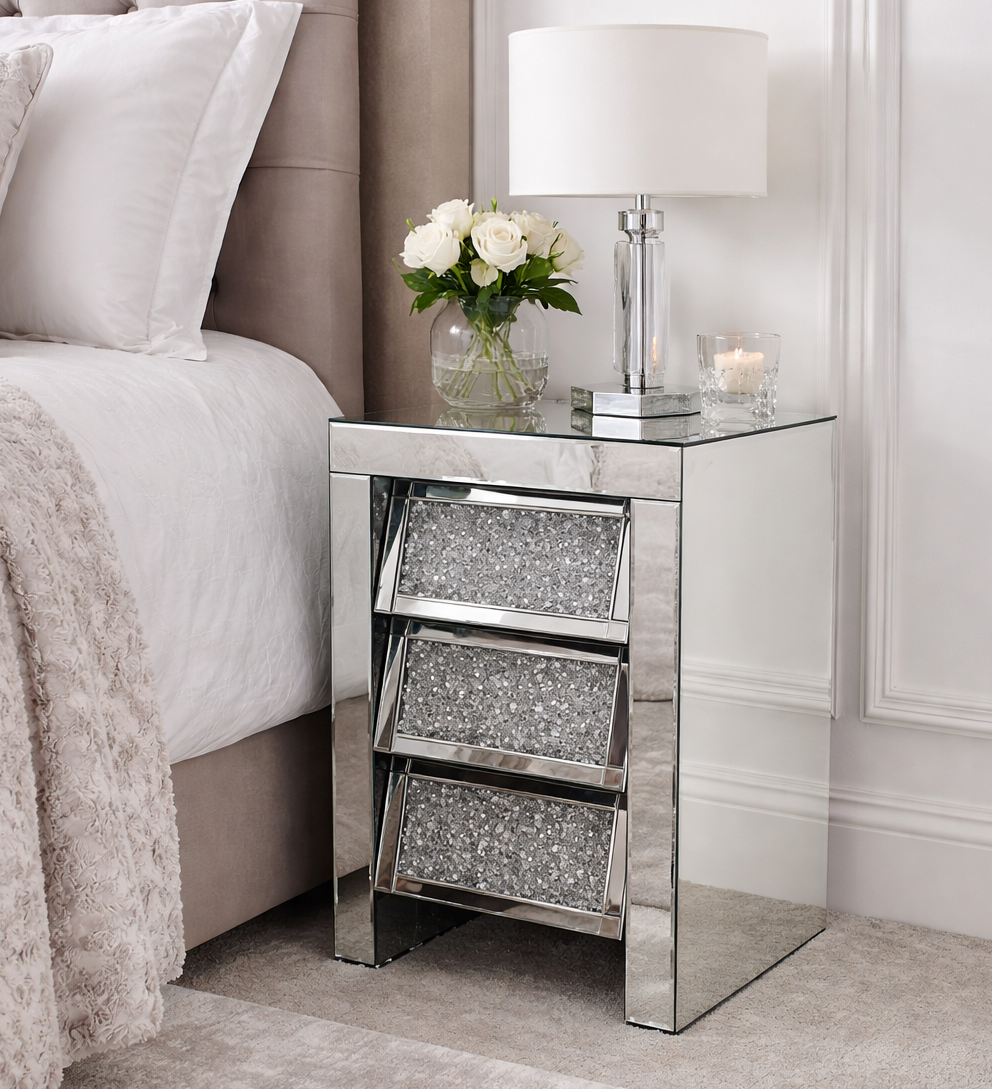 * Marseille Diamond Crush Mirrored 3 Draw Bedside Chest with Diamond crush Draws x (2 a pair)