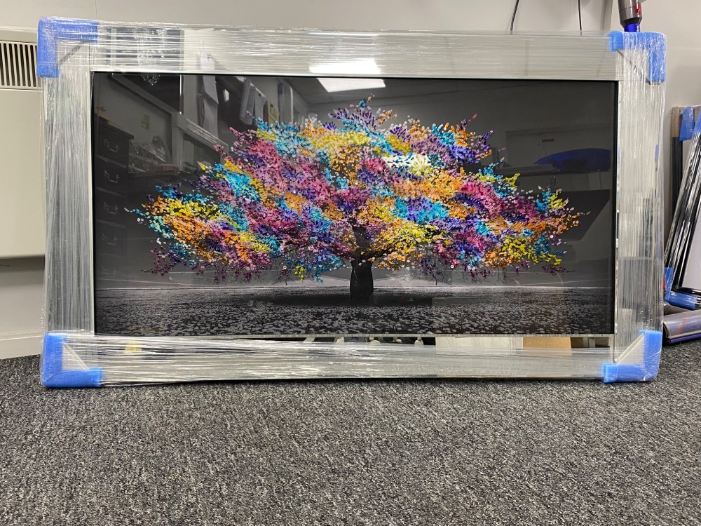 Glitter Sparkle Blossom Tree Multi colour in a silver Mirror frame  114cm x 64cm