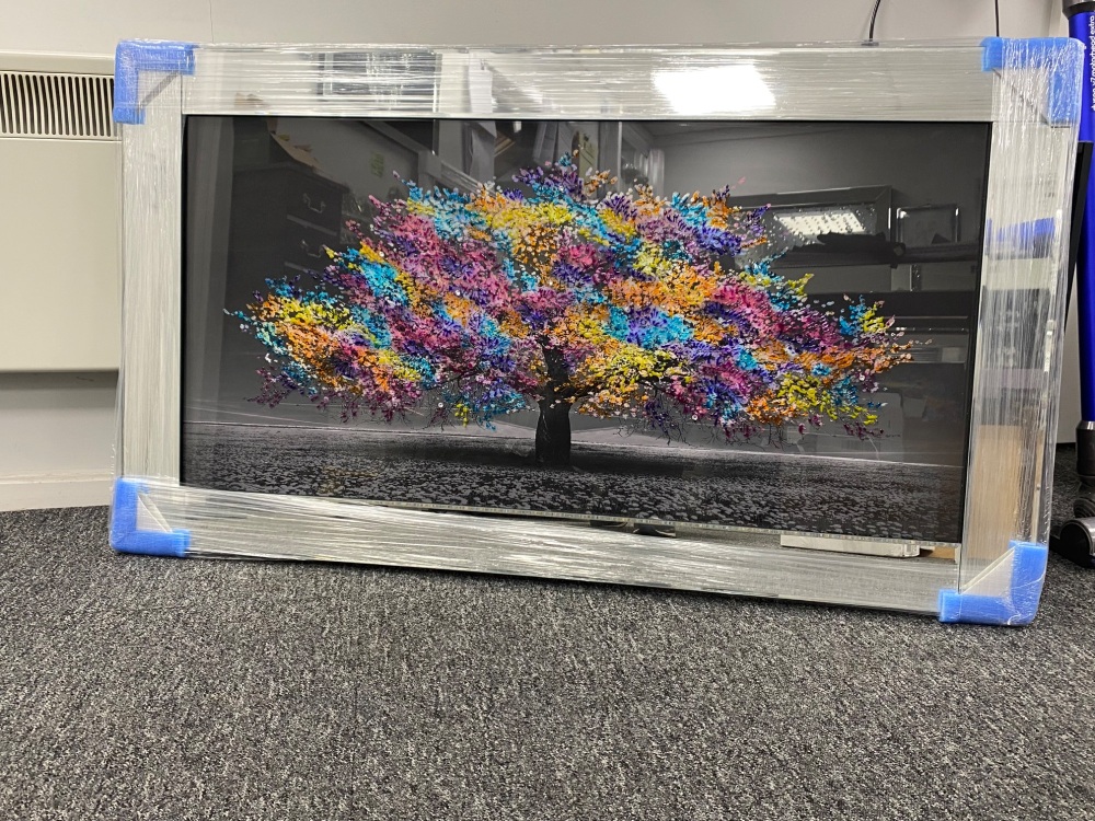 Glitter Sparkle Blossom Tree Multi colour in a silver Mirror frame  114cm x 64cm