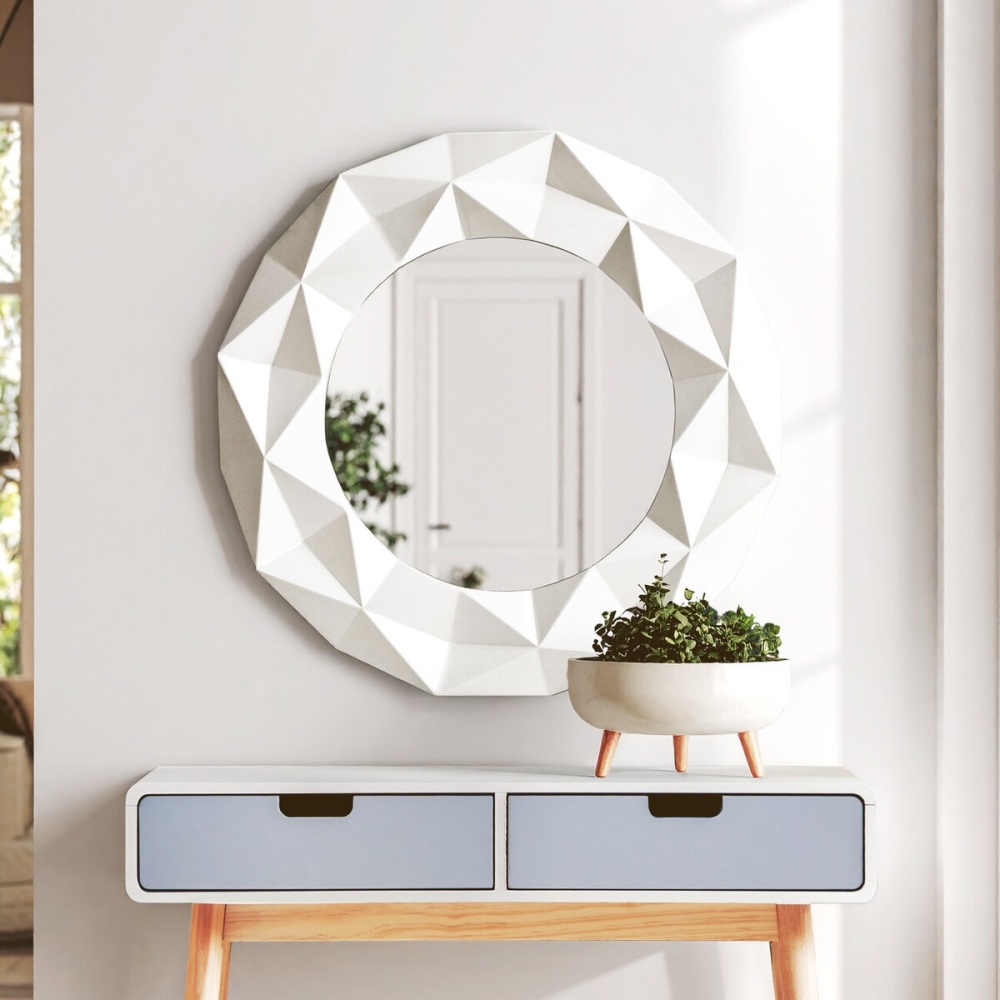 Round Multi Faceted Mirror in Gloss White 78cm dia