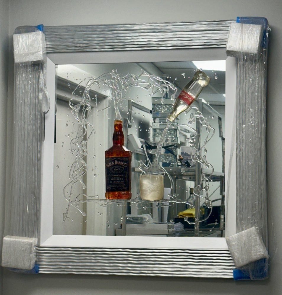 3d Jack Daniels Whiskey & Coke wall Art in.Silver ripple frame Frame  84cm  x 84cm