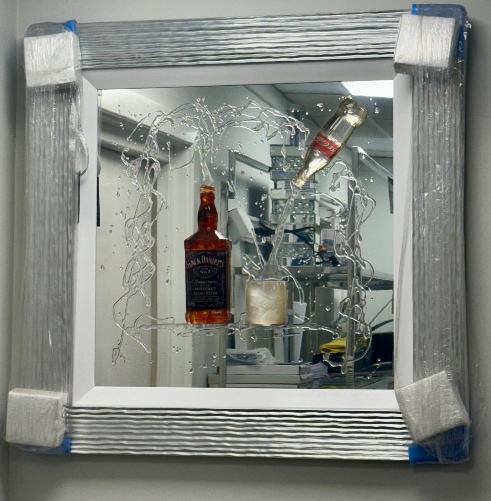 3d Jack Daniels Whiskey & Coke wall Art in.Silver ripple frame Frame  84cm  x 84cm