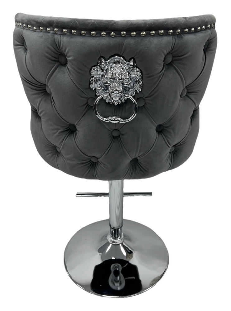 Valentino Lion Knocker Back Stool Quilted Stitch seat and Buttoned Back Design in Grey with Chrome Leg