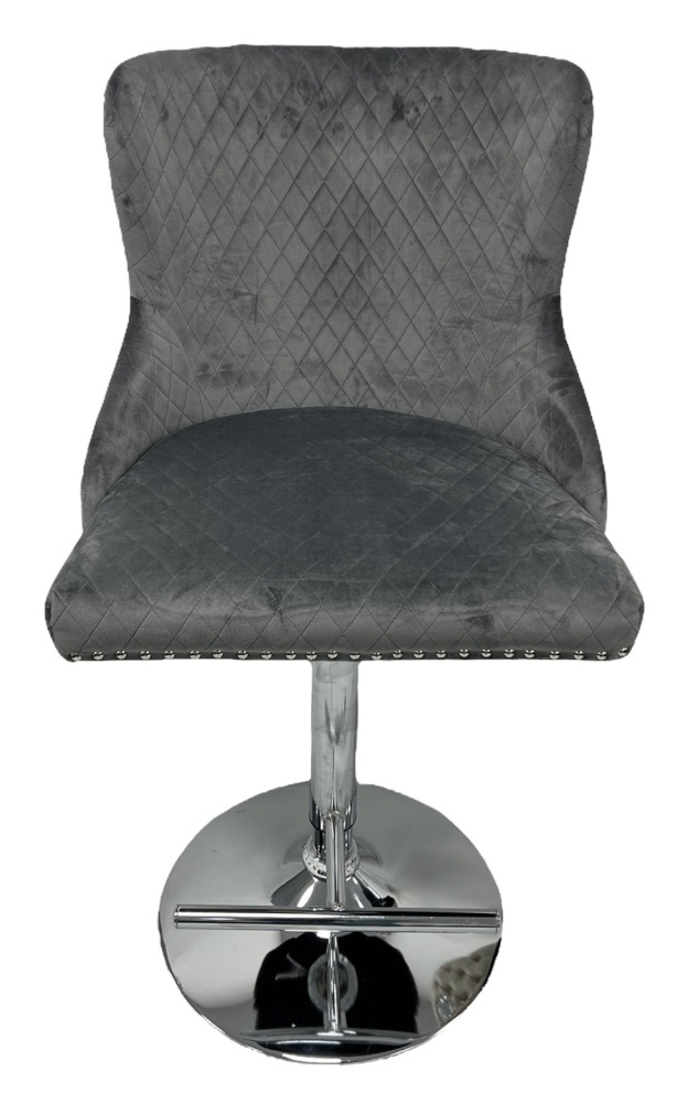 Valentino Lion Knocker Back Stool Quilted Stitch seat and Buttoned Back Design in Grey with Chrome Leg