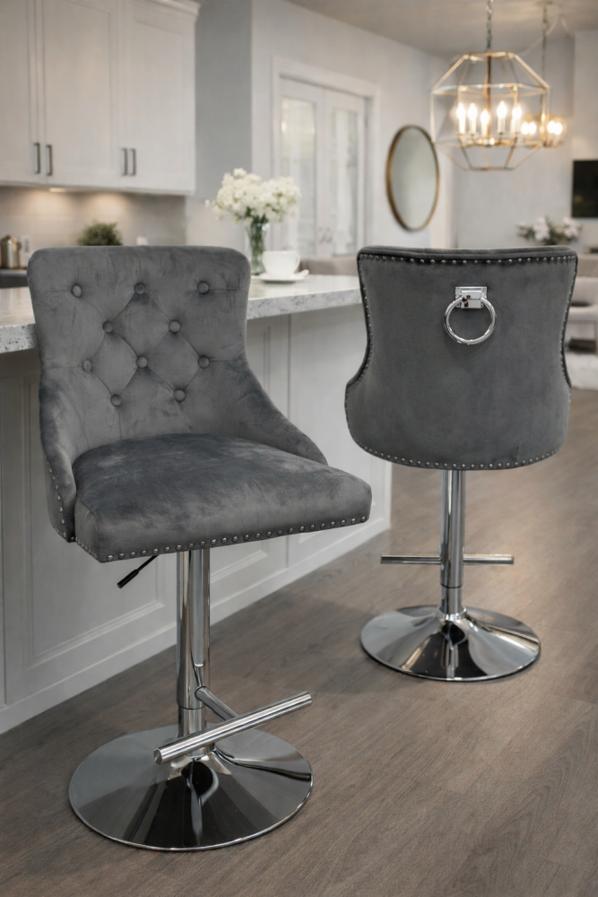 Mayfair Ring Knocker Back Stool in Grey with Chrome Leg