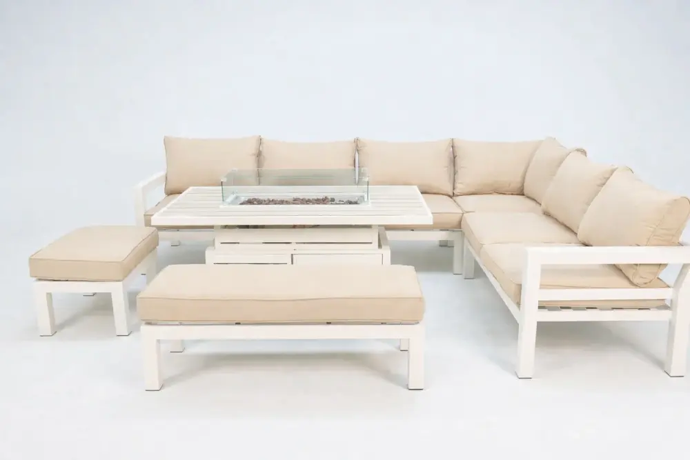 Helsinki Beige Aluminium Modular Corner Sofa wit Rise and Fall Fire Pit Table