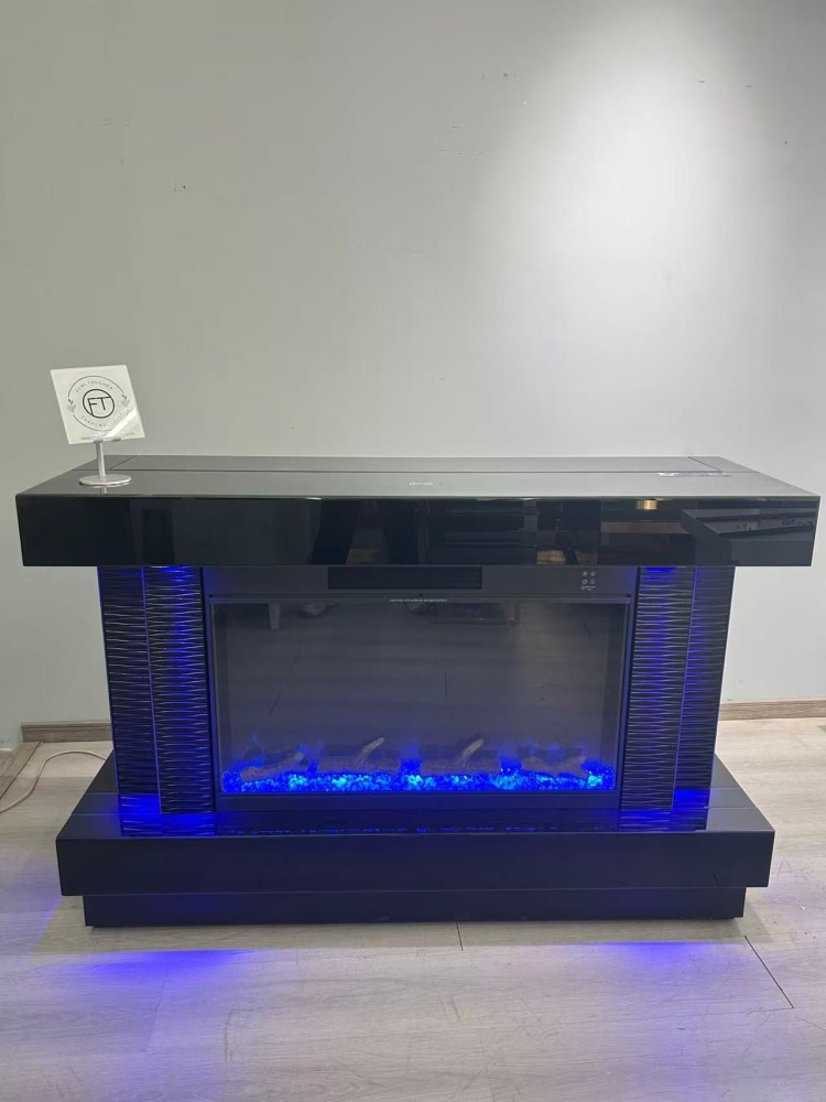 New Black Mirrored Fire TV Media Unit with Motorised Hidden TV Mount, Bluetooth Speakers, Wireless Charging & Usb Ports