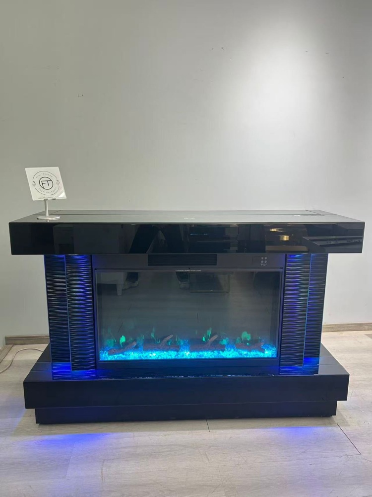 New Black Mirrored Fire TV Media Unit with Motorised Hidden TV Mount, Bluetooth Speakers, Wireless Charging & Usb Ports