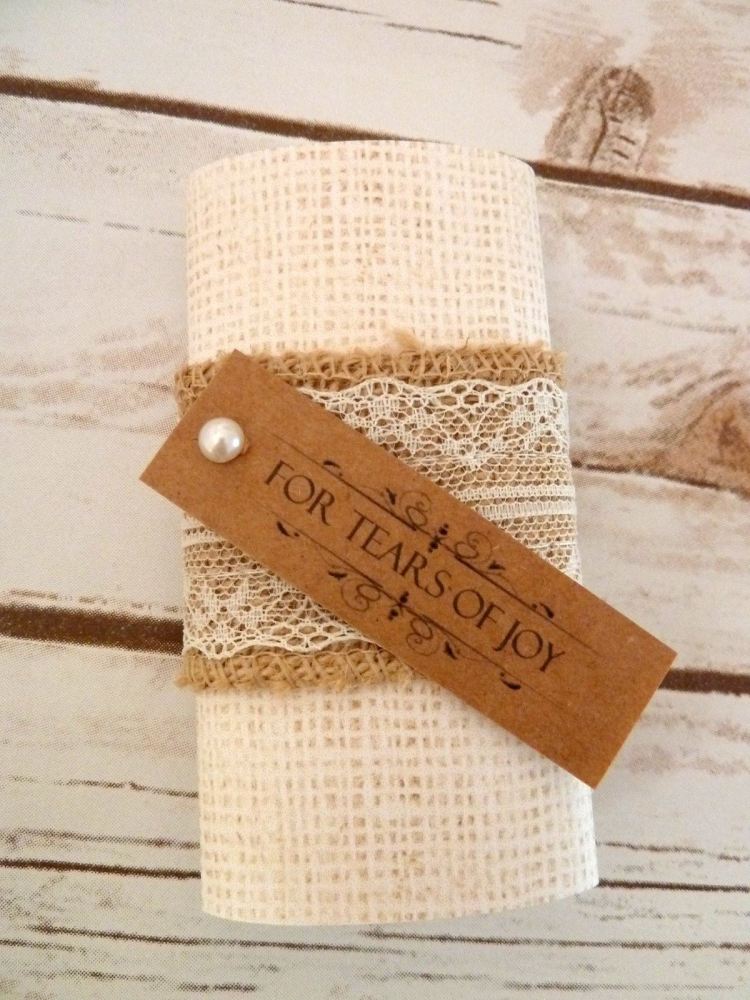 Hessian and lace personalised pocket tissues