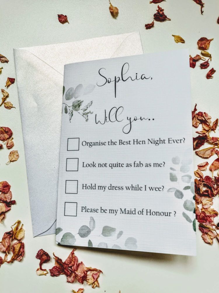 Will you be my bridesmaid / maid of honour proposal card check list