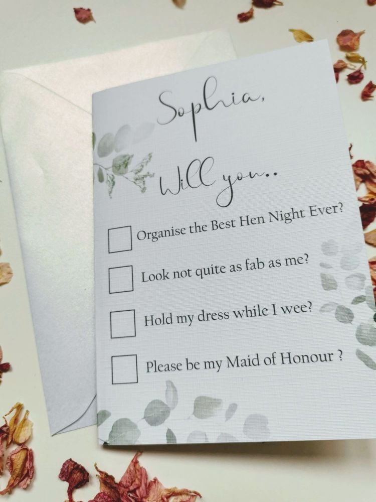 Will you be my bridesmaid / maid of honour proposal card