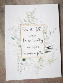 Save the date cards foliage and gold frame announcement cards personalised.