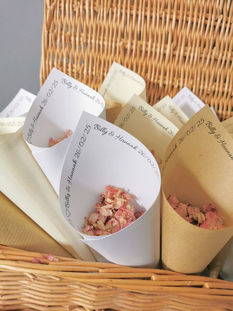 Confetti cones with wording around the top of the cone personalised