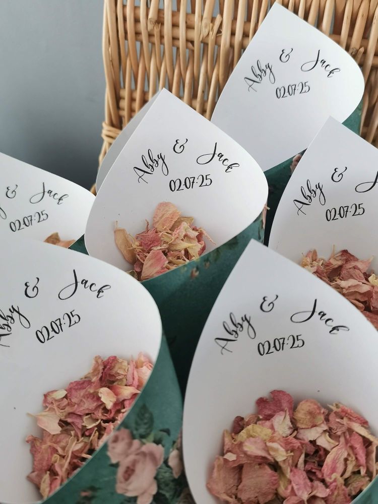 Personalised green and pink floral confetti cones.
