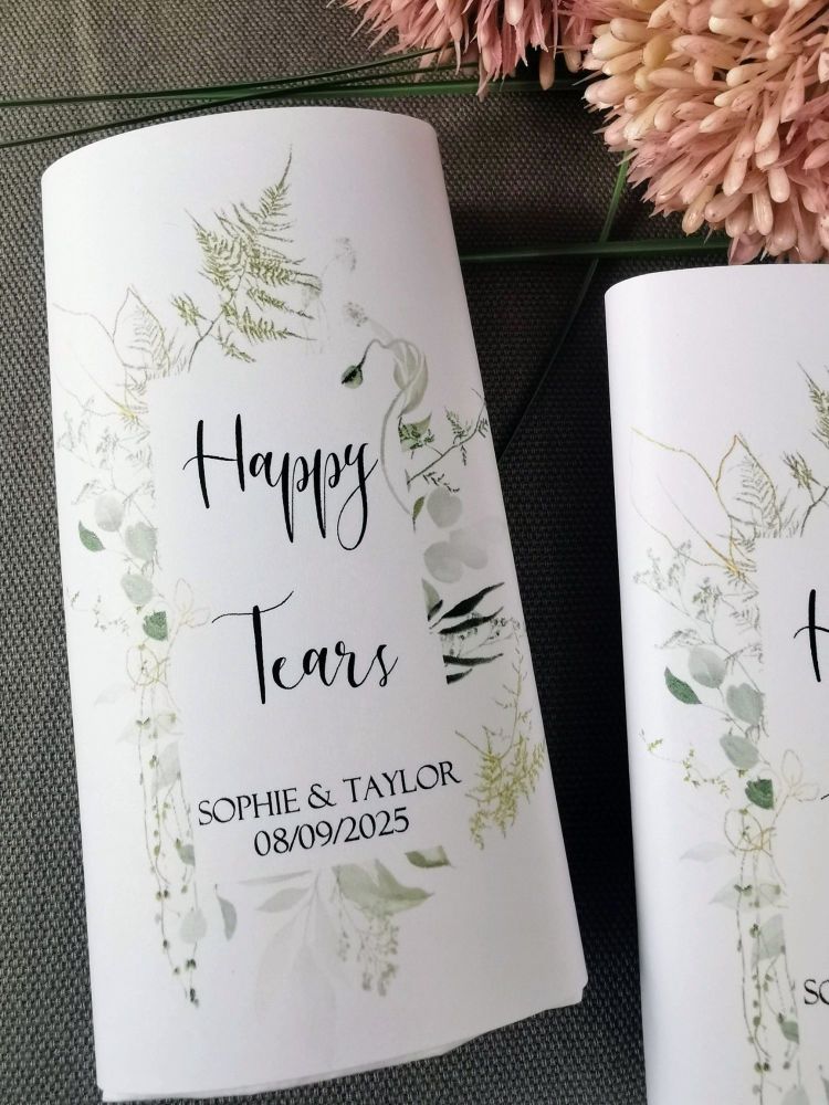 Foliage personalised wedding pocket tissues.