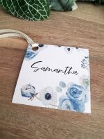 Blue floral name tag/ place card/gift tag with ribbon or twine.