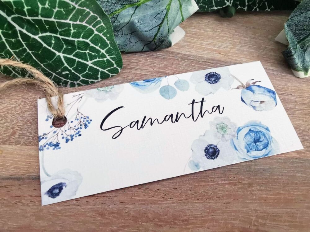 Blue floral name tag/ place card/gift tag with ribbon or twine.