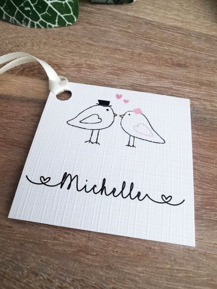 Love Bird name tag/ place card/gift tag with ribbon or twine.