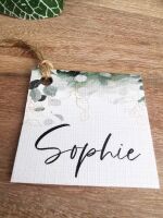 Name tag/ place card/ gift tag with ribbon or twine. botanical greenery design.