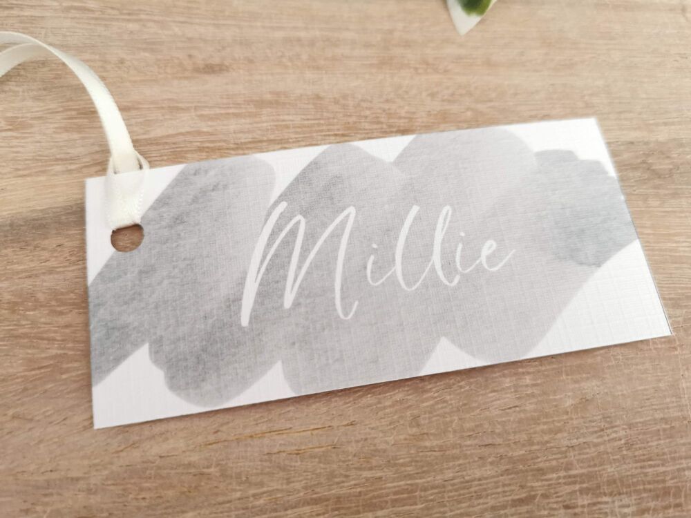 Watercolour splash name tag/ place card/gift tag with ribbon or twine.