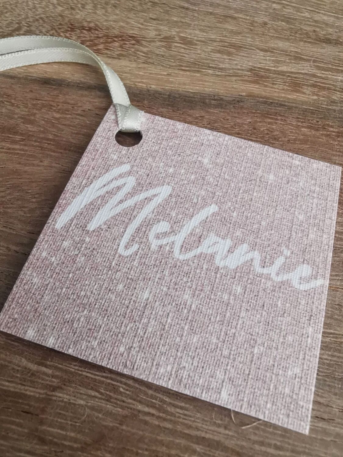 glitter gift tag, name place with ribbon, place card. personalised for