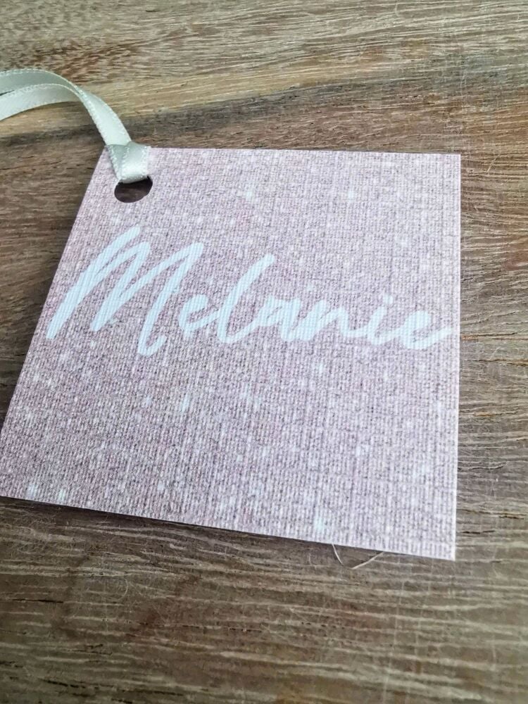 Glitter name tag/ place card/gift tag with ribbon or twine.