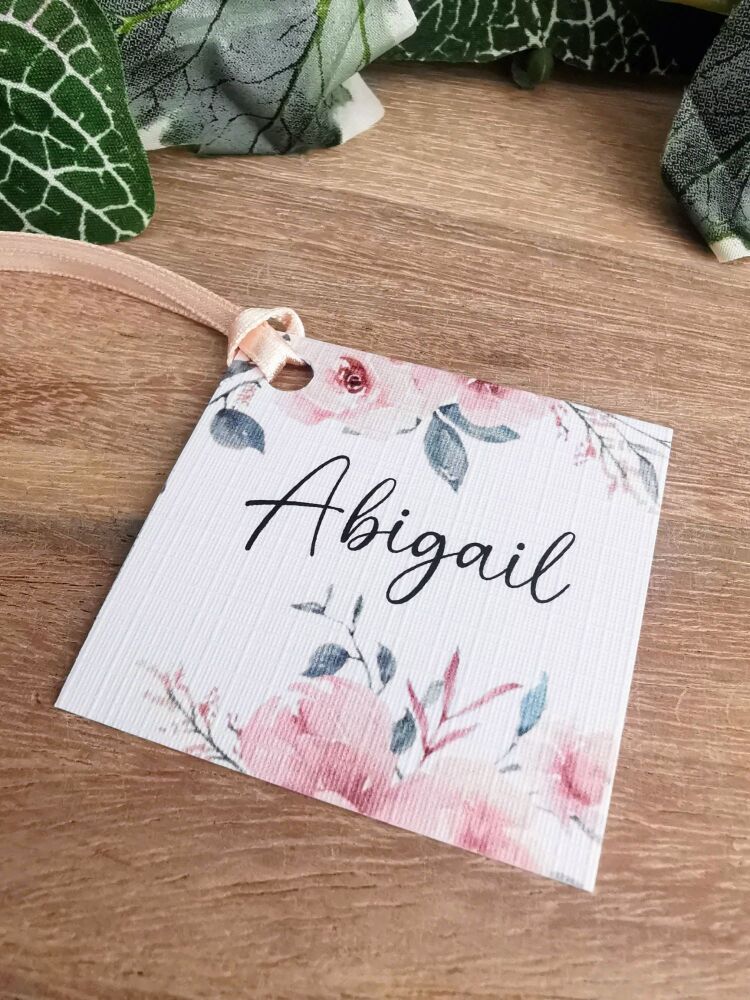 Pink floral name tag/ place card/gift tag with ribbon or twine.
