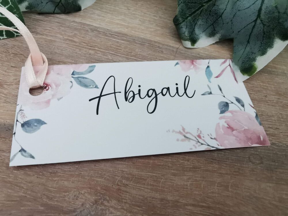 Pink floral name tag/ place card/gift tag with ribbon or twine.