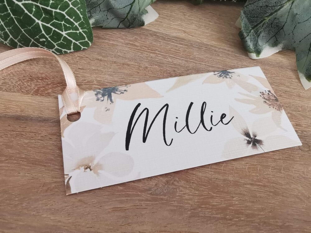 Neutral floral name tag/ place card/gift tag with ribbon or twine.