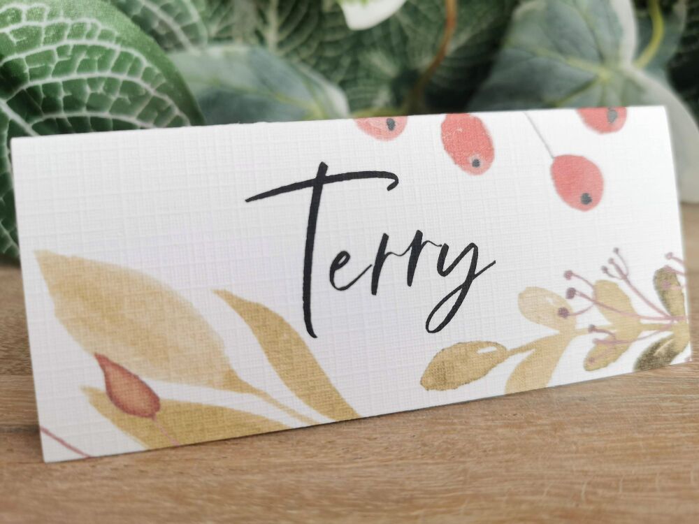 Place name cards. Folded tent style. Personalised. Autumn/winter berries leaves design. Wedding party. Seating plan names.