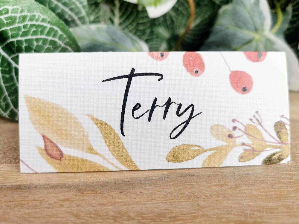 Place name cards. Folded tent style. Personalised. Autumn/winter berries leaves design. Wedding party. Seating plan names.