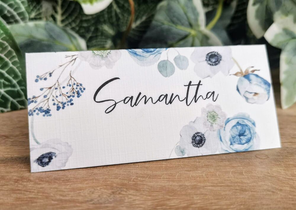 Place name cards. Folded tent style. Blue floral design. Wedding party. Sea