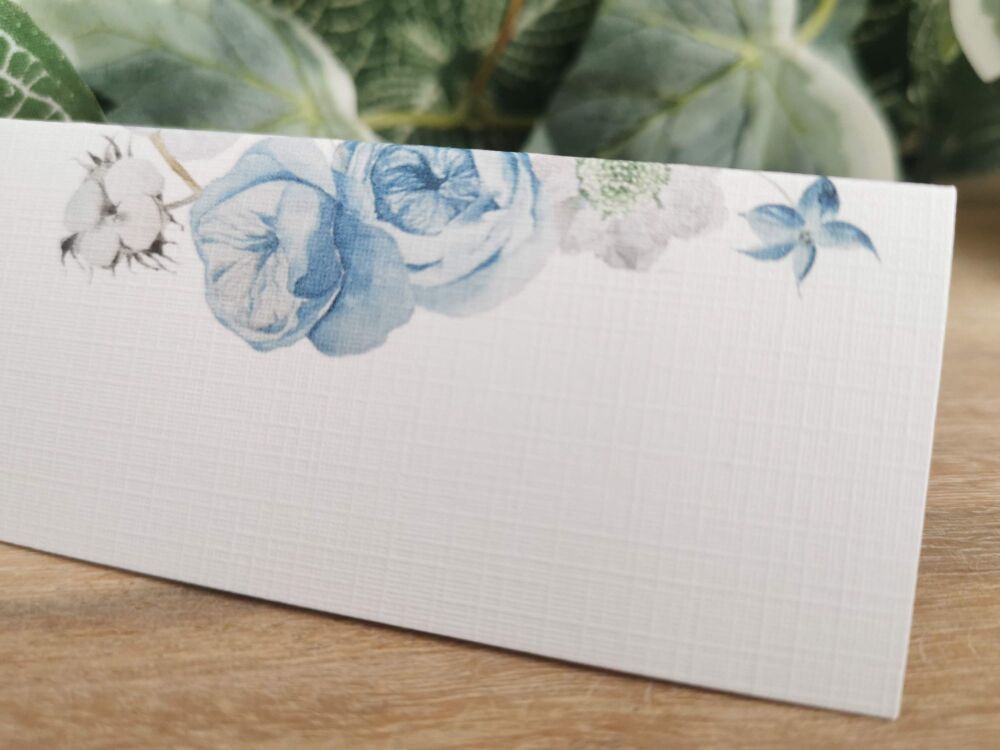 Place name cards. Folded tent style. Blue floral design. Wedding party. Seating plan names.