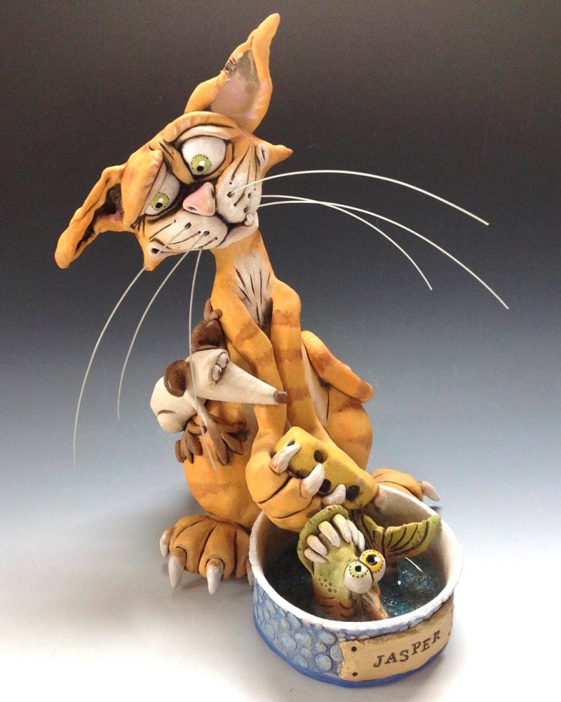 Whimsical Cat Sculpture 'Jasper' - Ceramic
