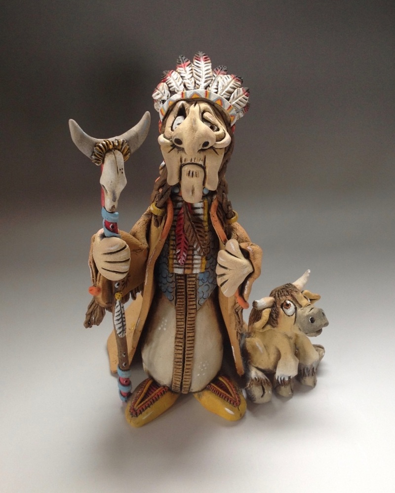 American Indian and Baby Buffalo Sculpture - Ceramic